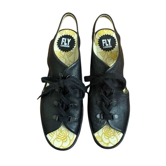 FLY London Yifi Black Leather Lace Up Wedge Sandals Size 40 = US 9 - 9.5 - Picture 2 of 8